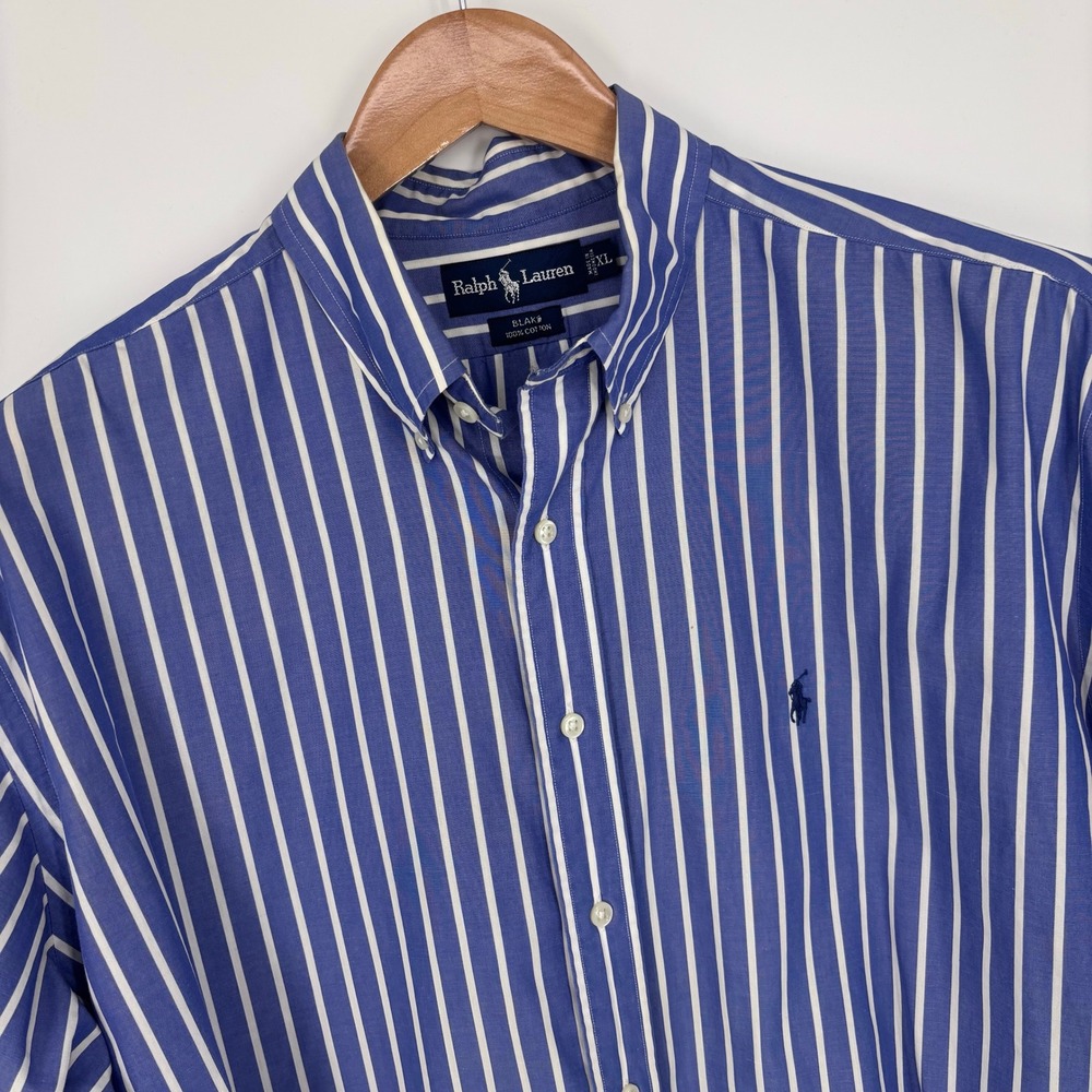 VTG Ralph Lauren Short Sleeve Blake Button Down Shirt Mens XL Blue White Striped